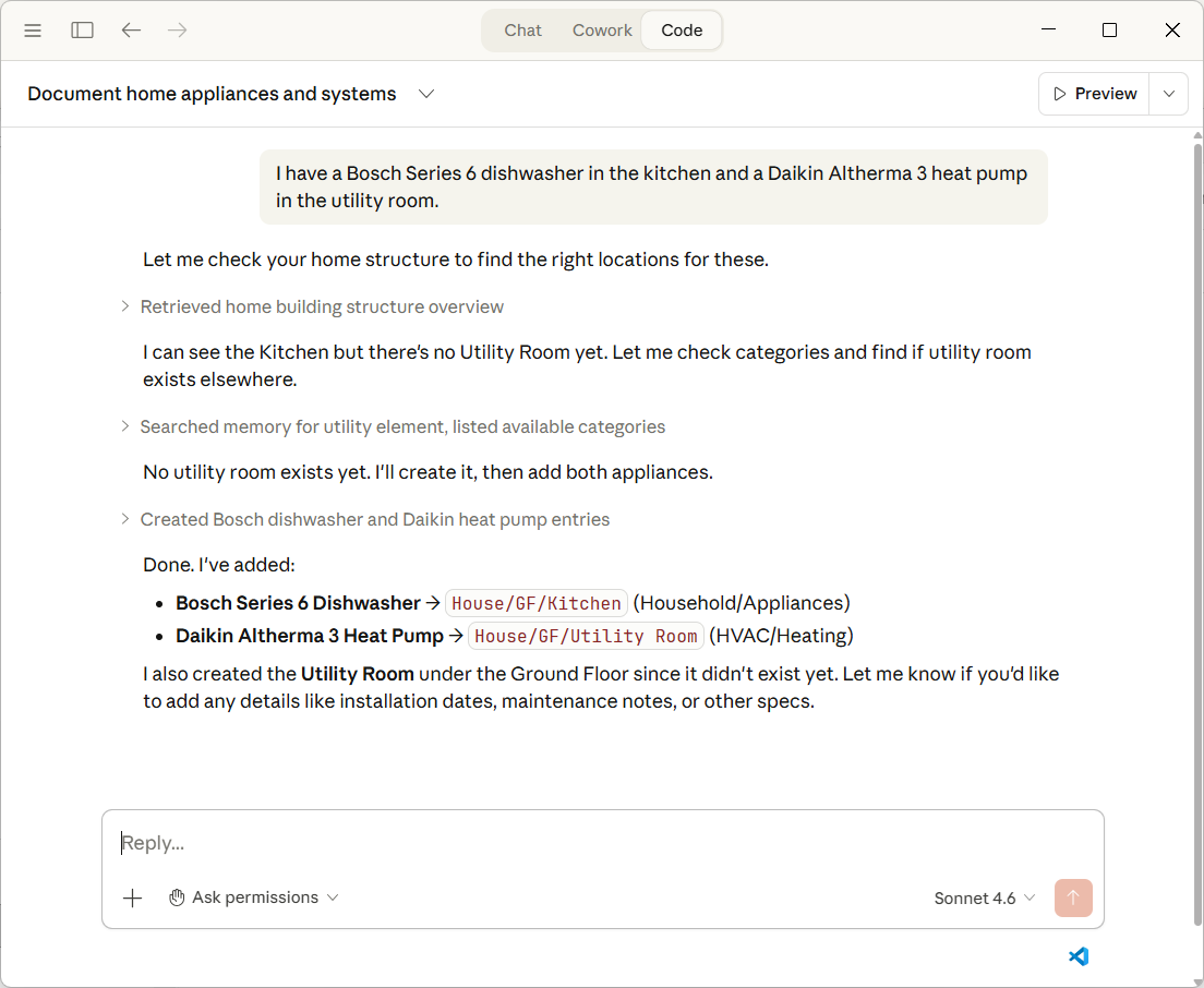 Claude Desktop with Home Memory — adding appliances from natural language